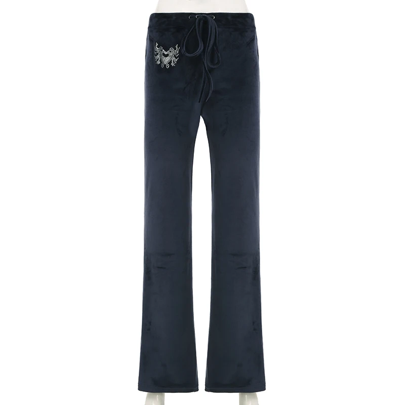 Rockmore Retro Rhinestone Flare Pants Velvet Drawstring Casual Trouser Streetwear Cute Bottoms Y2K Aesthetic 2000s Women's Pants Rockmore Retro Rhinestone Flare Pants Velvet Drawstring Casual Trouser Streetwear Cute Bottoms Y2K Aesthetic 2000s Women's Pants