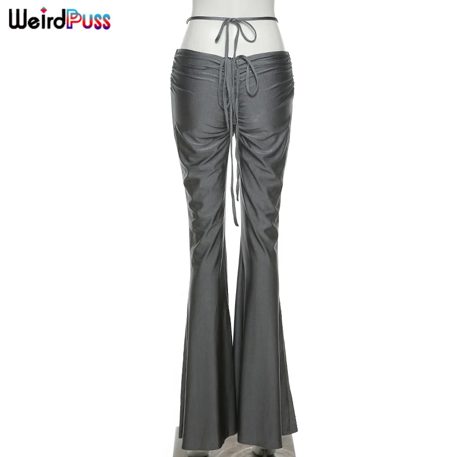 Weird Puss Y2K Low Waist Flare Pants Women Drawstring Ruched Long Trousers Elastic Casual Streetwear Fashion Bandage Bottoms Weird Puss Y2K Low Waist Flare Pants Women Drawstring Ruched Long Trousers Elastic Casual Streetwear Fashion Bandage Bottoms
