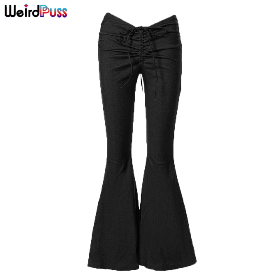 Weird Puss Y2K Low Waist Flare Pants Women Drawstring Ruched Long Trousers Elastic Casual Streetwear Fashion Bandage Bottoms Weird Puss Y2K Low Waist Flare Pants Women Drawstring Ruched Long Trousers Elastic Casual Streetwear Fashion Bandage Bottoms