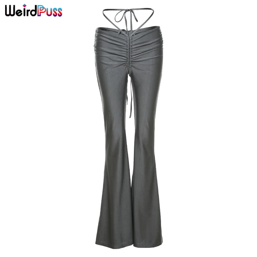 Weird Puss Y2K Low Waist Flare Pants Women Drawstring Ruched Long Trousers Elastic Casual Streetwear Fashion Bandage Bottoms Weird Puss Y2K Low Waist Flare Pants Women Drawstring Ruched Long Trousers Elastic Casual Streetwear Fashion Bandage Bottoms
