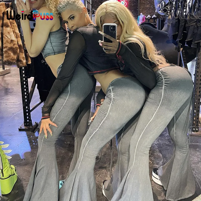 Weird Puss Y2K Low Waist Flare Pants Women Drawstring Ruched Long Trousers Elastic Casual Streetwear Fashion Bandage Bottoms Weird Puss Y2K Low Waist Flare Pants Women Drawstring Ruched Long Trousers Elastic Casual Streetwear Fashion Bandage Bottoms