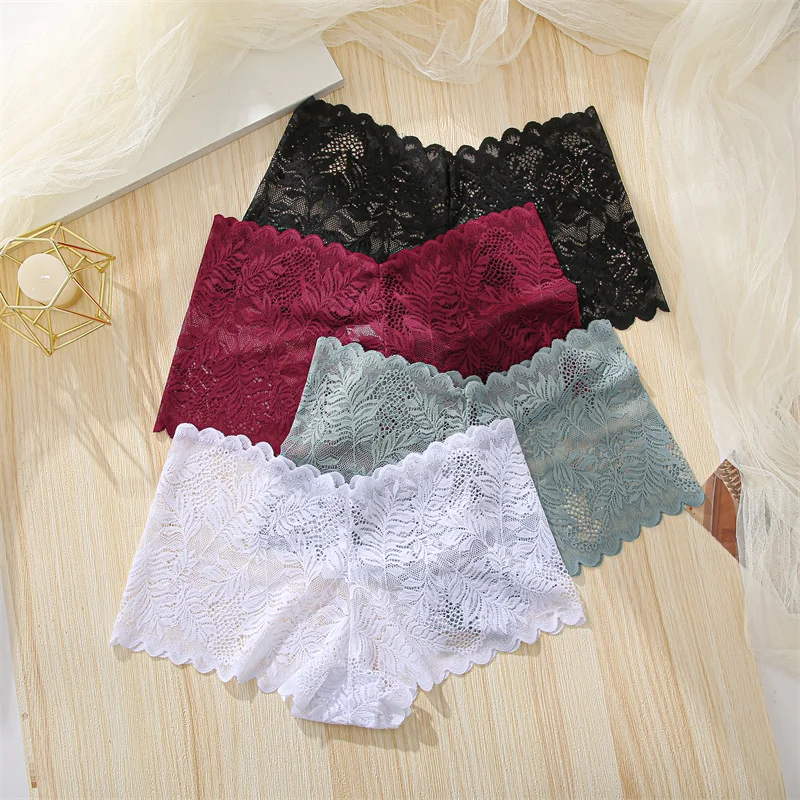 FINETOO 4pcs Lace Floral Boyshorts Underwear for Women Sexy Hollow Out Solid Panties Female Low-Waist Breathable Girls Lingerie FINETOO 4pcs Lace Floral Boyshorts Underwear for Women Sexy Hollow Out Solid Panties Female Low-Waist Breathable Girls Lingerie