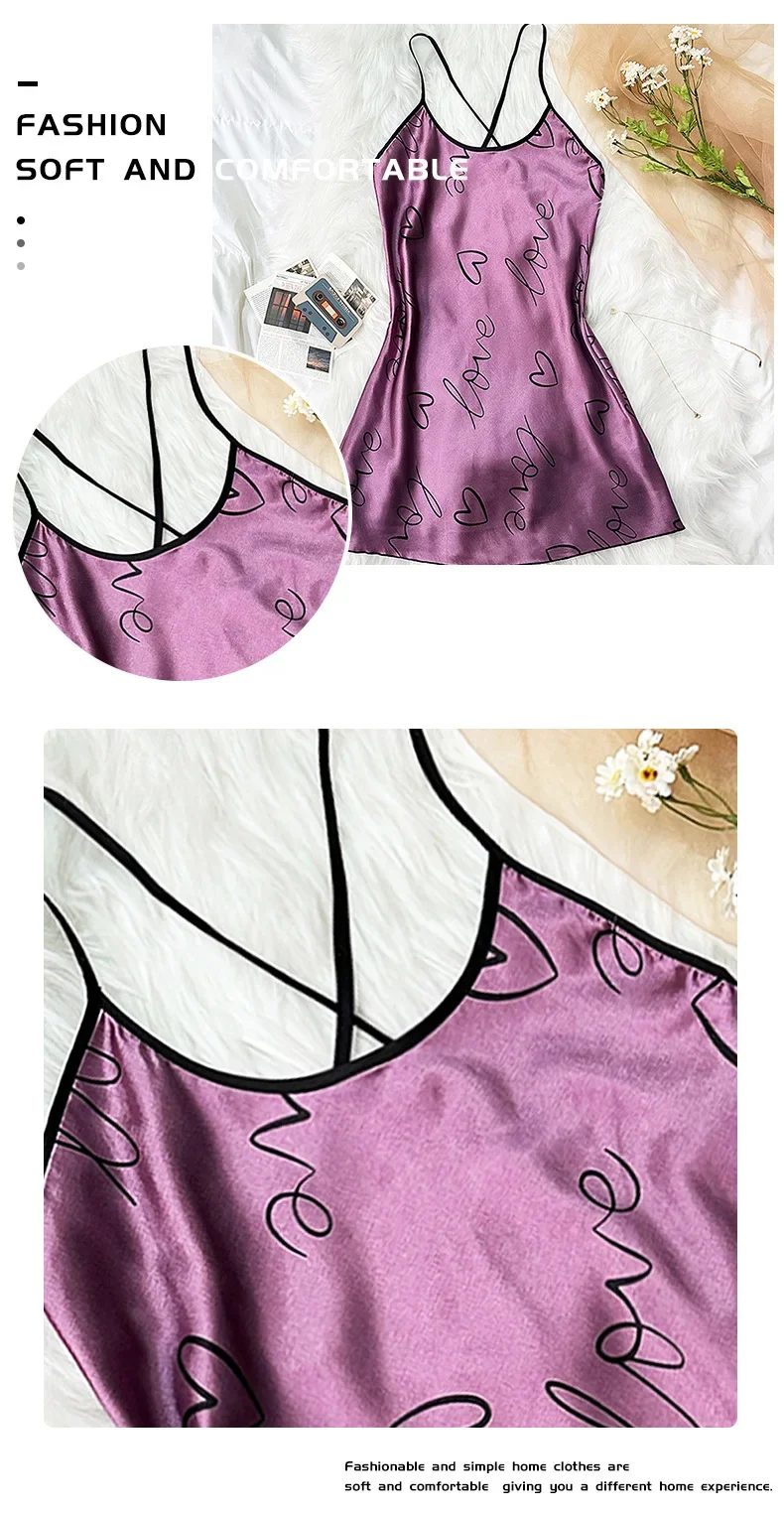 Heart Print Cross Tie Straps Satin Fabric Pajamas Sets Nightdress Casual Round Neck Strap Sleep Dress Women's Sleepwear Dresses Heart Print Cross Tie Straps Satin Fabric Pajamas Sets Nightdress Casual Round Neck Strap Sleep Dress Women's Sleepwear Dresses