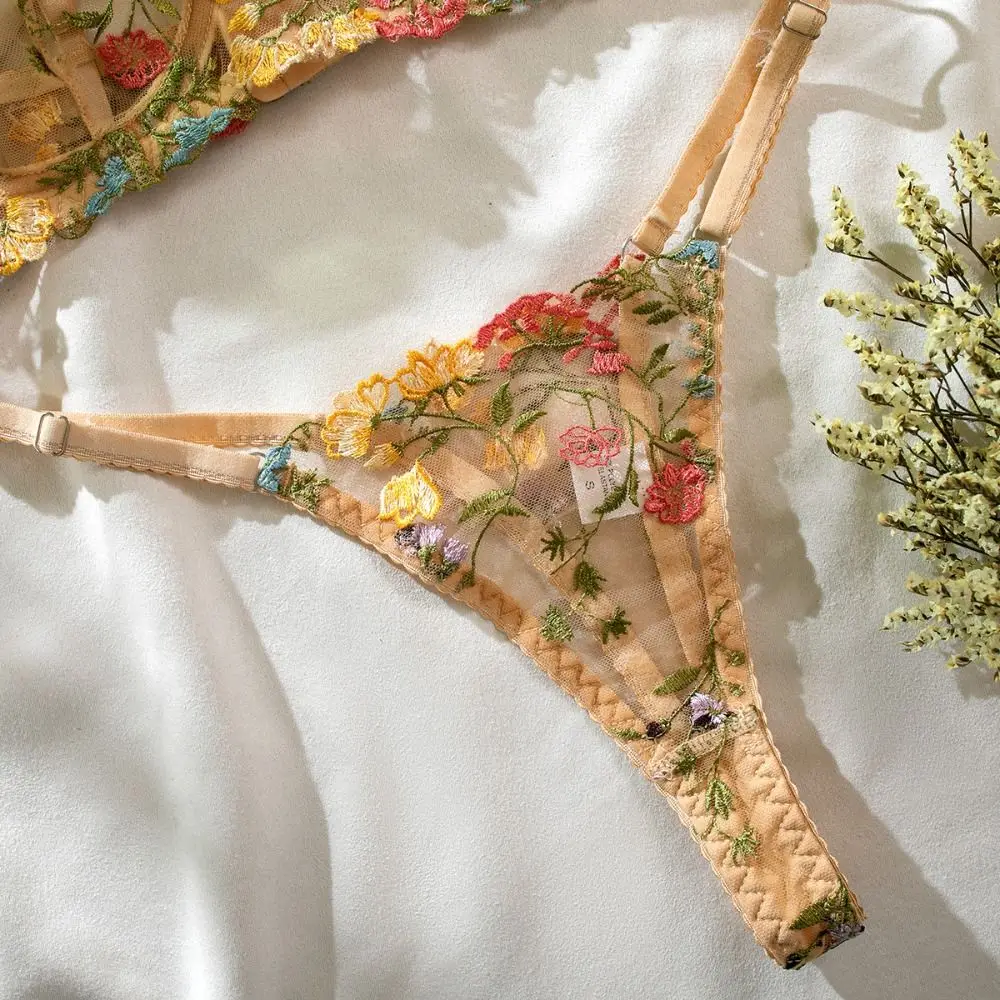 2-Piece Versatile Floral Lingerie Set Embroidery Sheer Boho Bra Panty Set Women Underwear Wireless Bra 2-Piece Versatile Floral Lingerie Set Embroidery Sheer Boho Bra Panty Set Women Underwear Wireless Bra