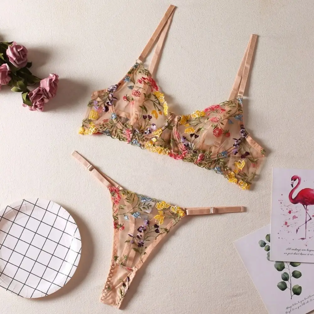 2-Piece Versatile Floral Lingerie Set Embroidery Sheer Boho Bra Panty Set Women Underwear Wireless Bra 2-Piece Versatile Floral Lingerie Set Embroidery Sheer Boho Bra Panty Set Women Underwear Wireless Bra