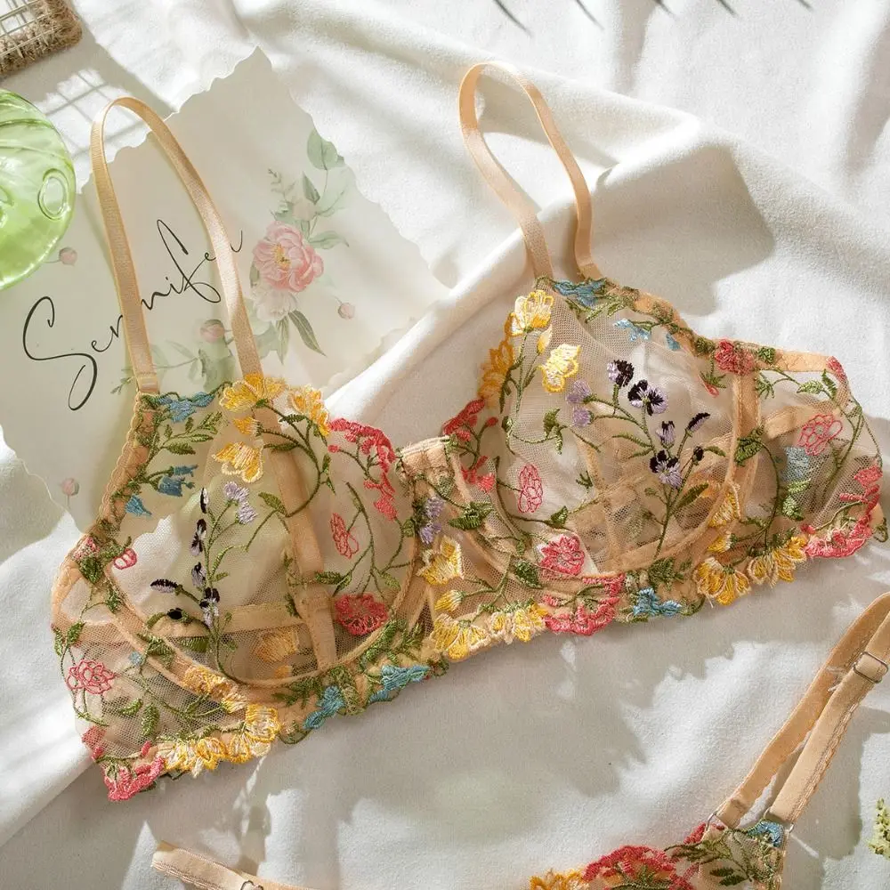 2-Piece Versatile Floral Lingerie Set Embroidery Sheer Boho Bra Panty Set Women Underwear Wireless Bra 2-Piece Versatile Floral Lingerie Set Embroidery Sheer Boho Bra Panty Set Women Underwear Wireless Bra