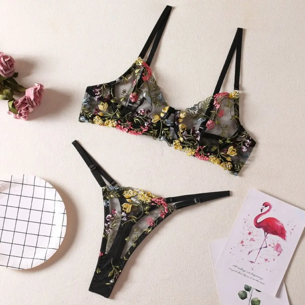 2-Piece Versatile Floral Lingerie Set Embroidery Sheer Boho Bra Panty Set Women Underwear Wireless Bra 2-Piece Versatile Floral Lingerie Set Embroidery Sheer Boho Bra Panty Set Women Underwear Wireless Bra