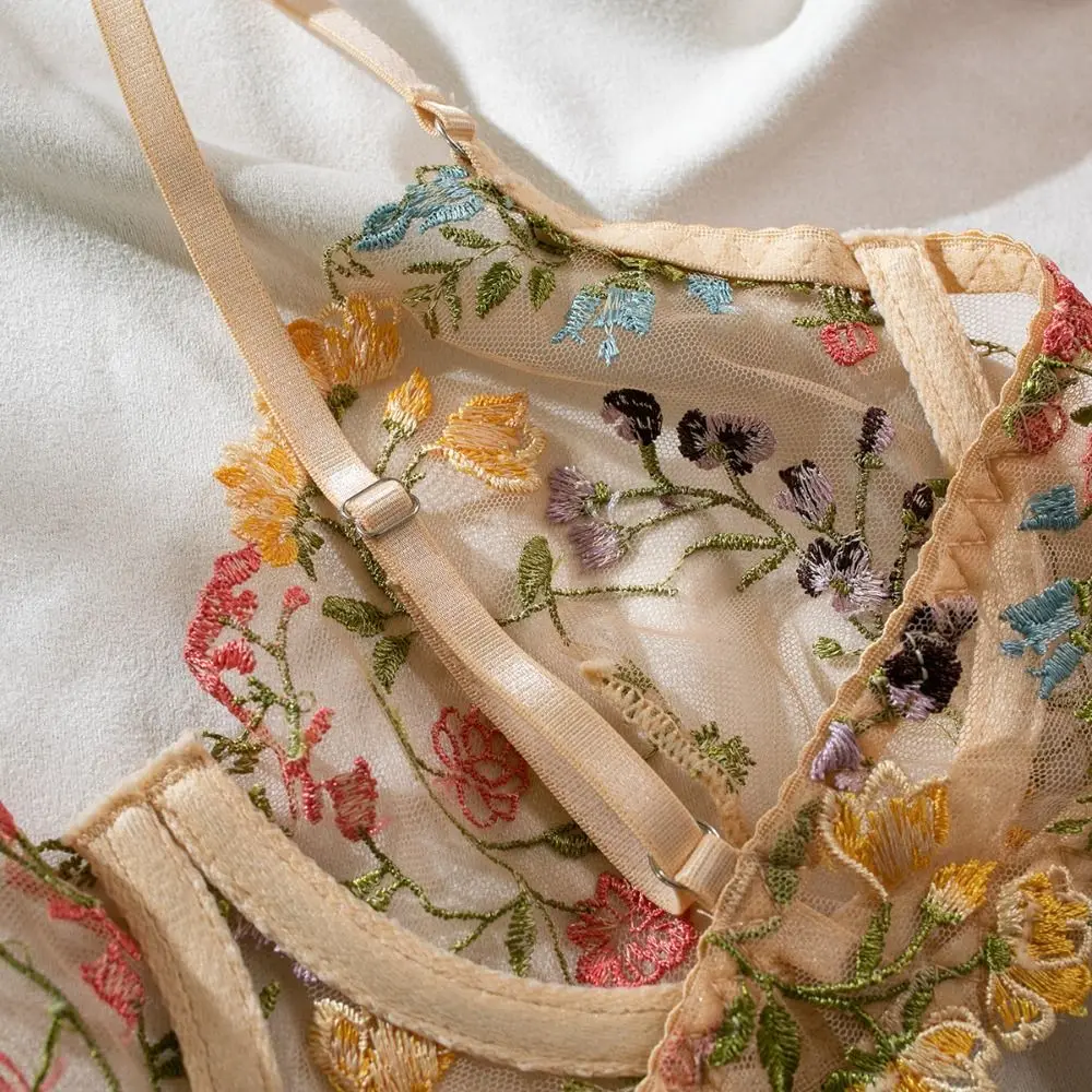 2-Piece Versatile Floral Lingerie Set Embroidery Sheer Boho Bra Panty Set Women Underwear Wireless Bra 2-Piece Versatile Floral Lingerie Set Embroidery Sheer Boho Bra Panty Set Women Underwear Wireless Bra