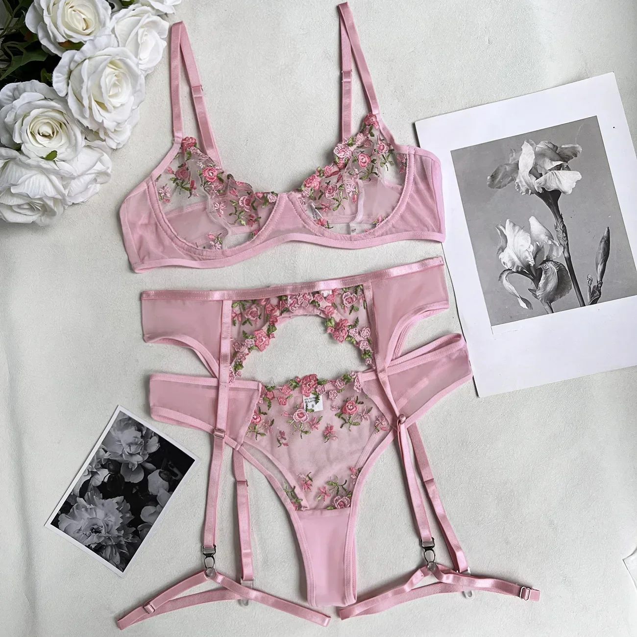 Lady's Fantasy Mesh Transparent Heavy Embroidery Floral Lingerie Set Sexy Underwear Women 3 Pieces Intimate Desire Hot Girl 18 Lady's Fantasy Mesh Transparent Heavy Embroidery Floral Lingerie Set Sexy Underwear Women 3 Pieces Intimate Desire Hot Girl 18