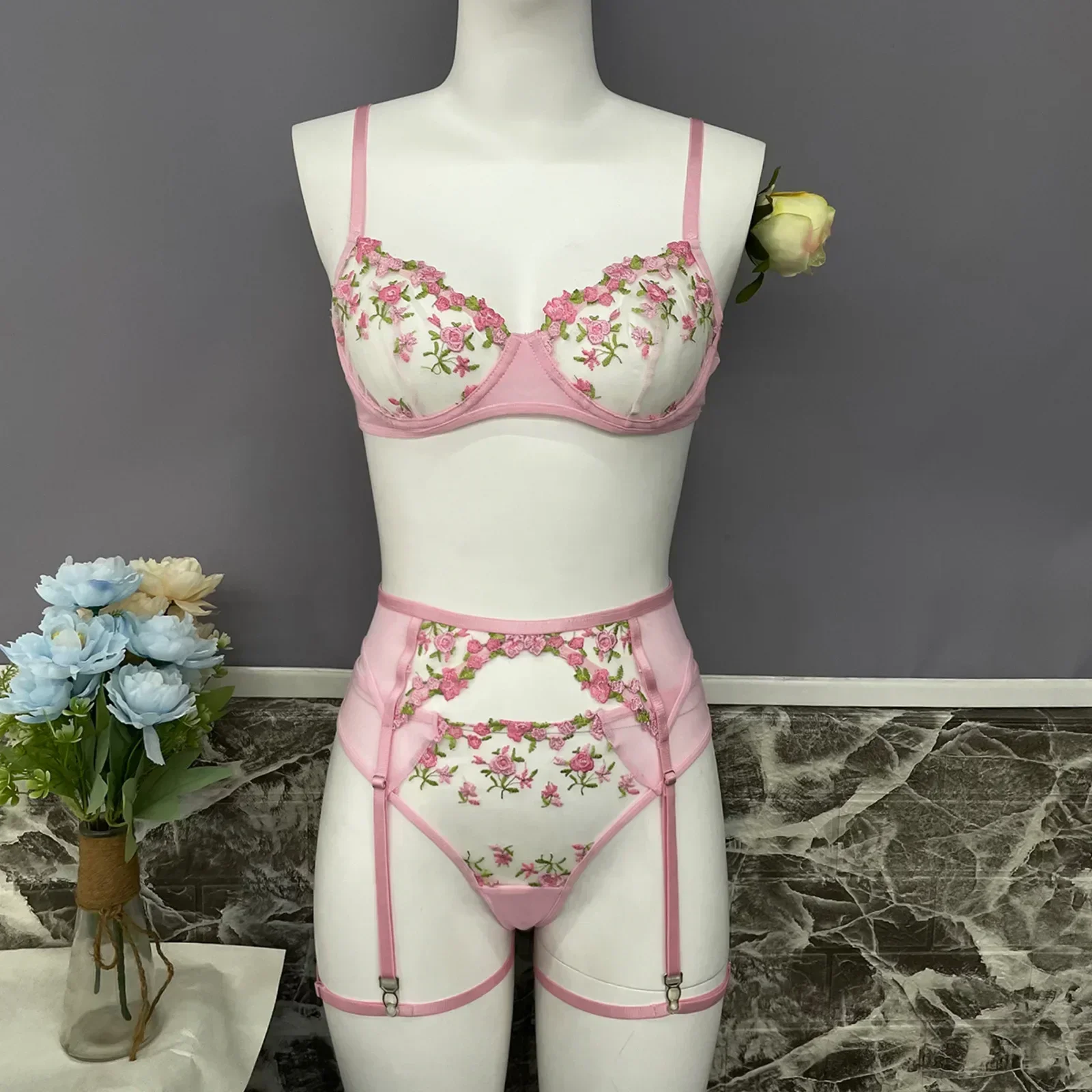 Lady's Fantasy Mesh Transparent Heavy Embroidery Floral Lingerie Set Sexy Underwear Women 3 Pieces Intimate Desire Hot Girl 18 Lady's Fantasy Mesh Transparent Heavy Embroidery Floral Lingerie Set Sexy Underwear Women 3 Pieces Intimate Desire Hot Girl 18