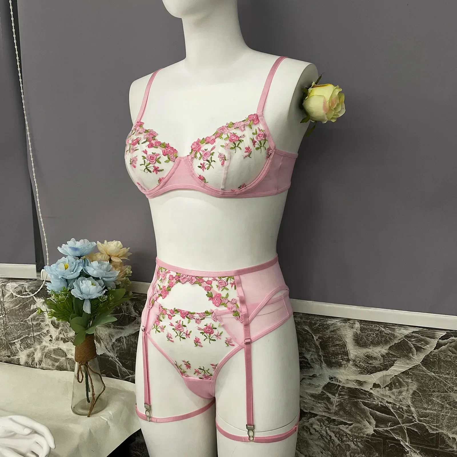 Lady's Fantasy Mesh Transparent Heavy Embroidery Floral Lingerie Set Sexy Underwear Women 3 Pieces Intimate Desire Hot Girl 18 Lady's Fantasy Mesh Transparent Heavy Embroidery Floral Lingerie Set Sexy Underwear Women 3 Pieces Intimate Desire Hot Girl 18