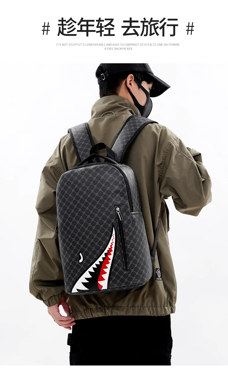 Simple personality fashion shark mouth men's backpack plaid high school student college student school bag computer backpack Simple personality fashion shark mouth men's backpack plaid high school student college student school bag computer backpack