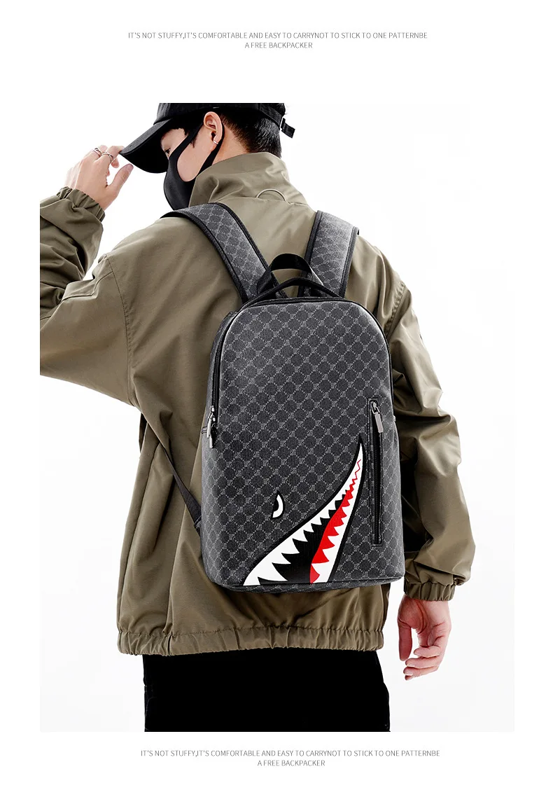 Simple personality fashion shark mouth men's backpack plaid high school student college student school bag computer backpack Simple personality fashion shark mouth men's backpack plaid high school student college student school bag computer backpack