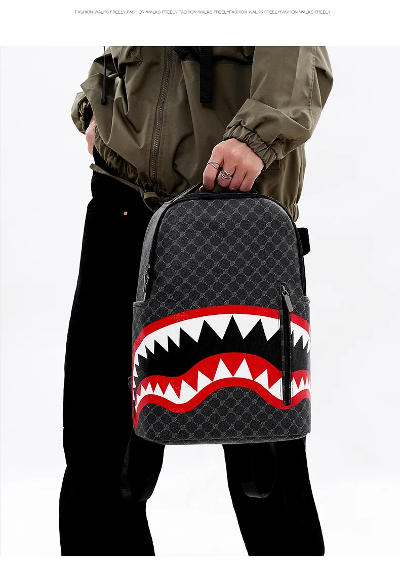 Simple personality fashion shark mouth men's backpack plaid high school student college student school bag computer backpack Simple personality fashion shark mouth men's backpack plaid high school student college student school bag computer backpack