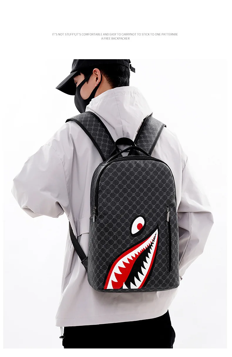 Simple personality fashion shark mouth men's backpack plaid high school student college student school bag computer backpack Simple personality fashion shark mouth men's backpack plaid high school student college student school bag computer backpack