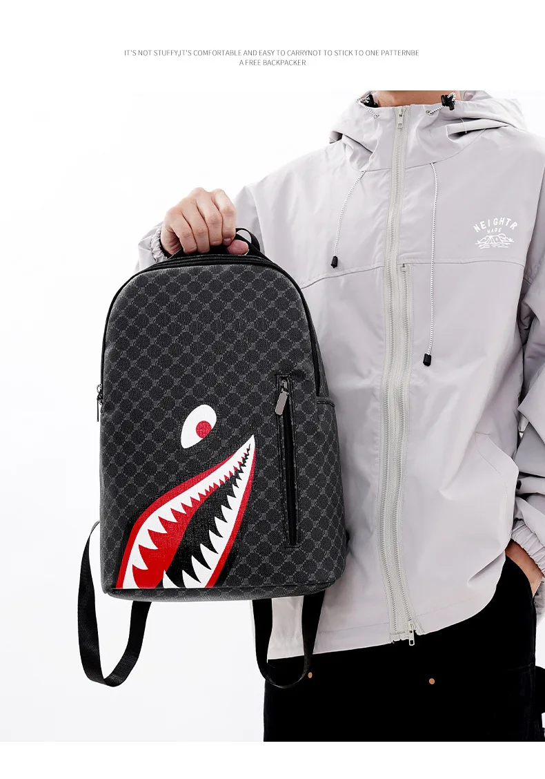 Simple personality fashion shark mouth men's backpack plaid high school student college student school bag computer backpack Simple personality fashion shark mouth men's backpack plaid high school student college student school bag computer backpack