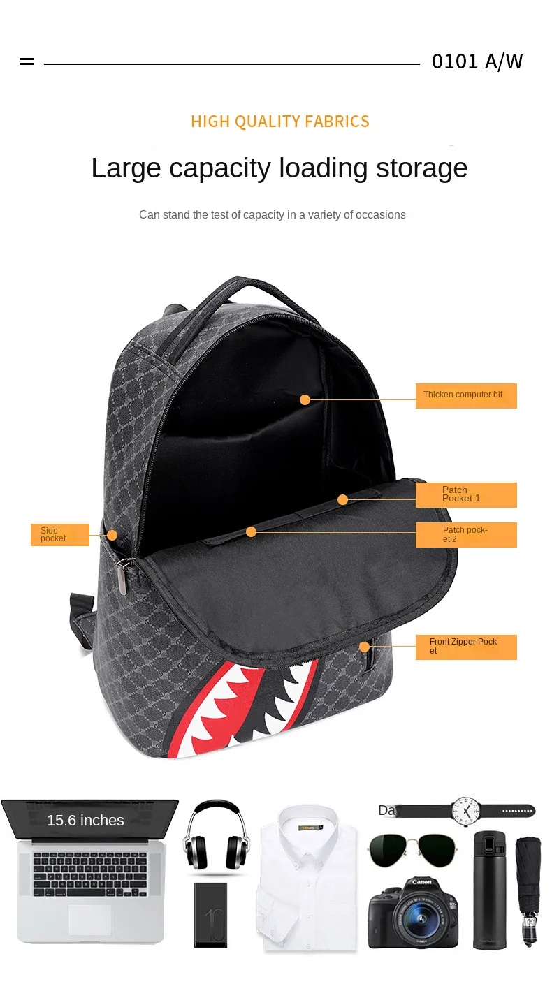 Simple personality fashion shark mouth men's backpack plaid high school student college student school bag computer backpack Simple personality fashion shark mouth men's backpack plaid high school student college student school bag computer backpack