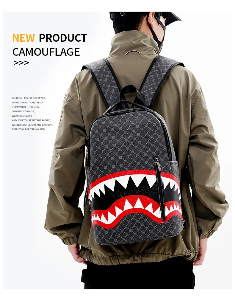 Simple personality fashion shark mouth men's backpack plaid high school student college student school bag computer backpack Simple personality fashion shark mouth men's backpack plaid high school student college student school bag computer backpack