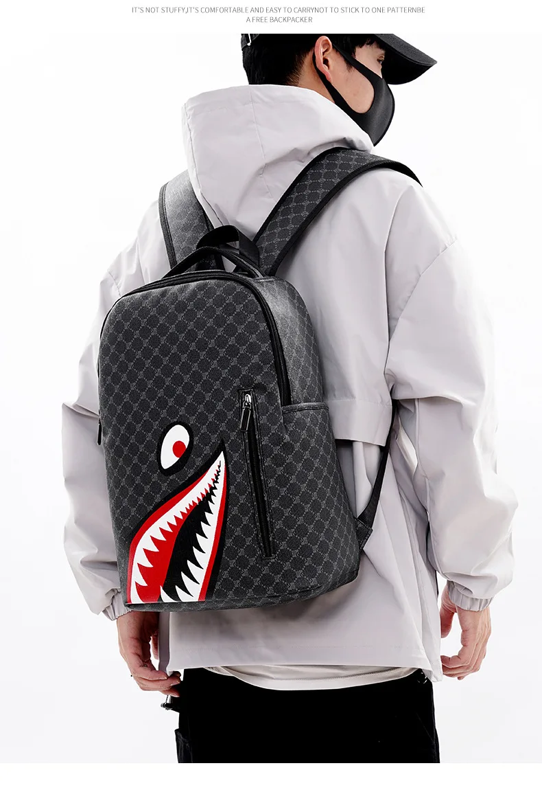 Simple personality fashion shark mouth men's backpack plaid high school student college student school bag computer backpack Simple personality fashion shark mouth men's backpack plaid high school student college student school bag computer backpack