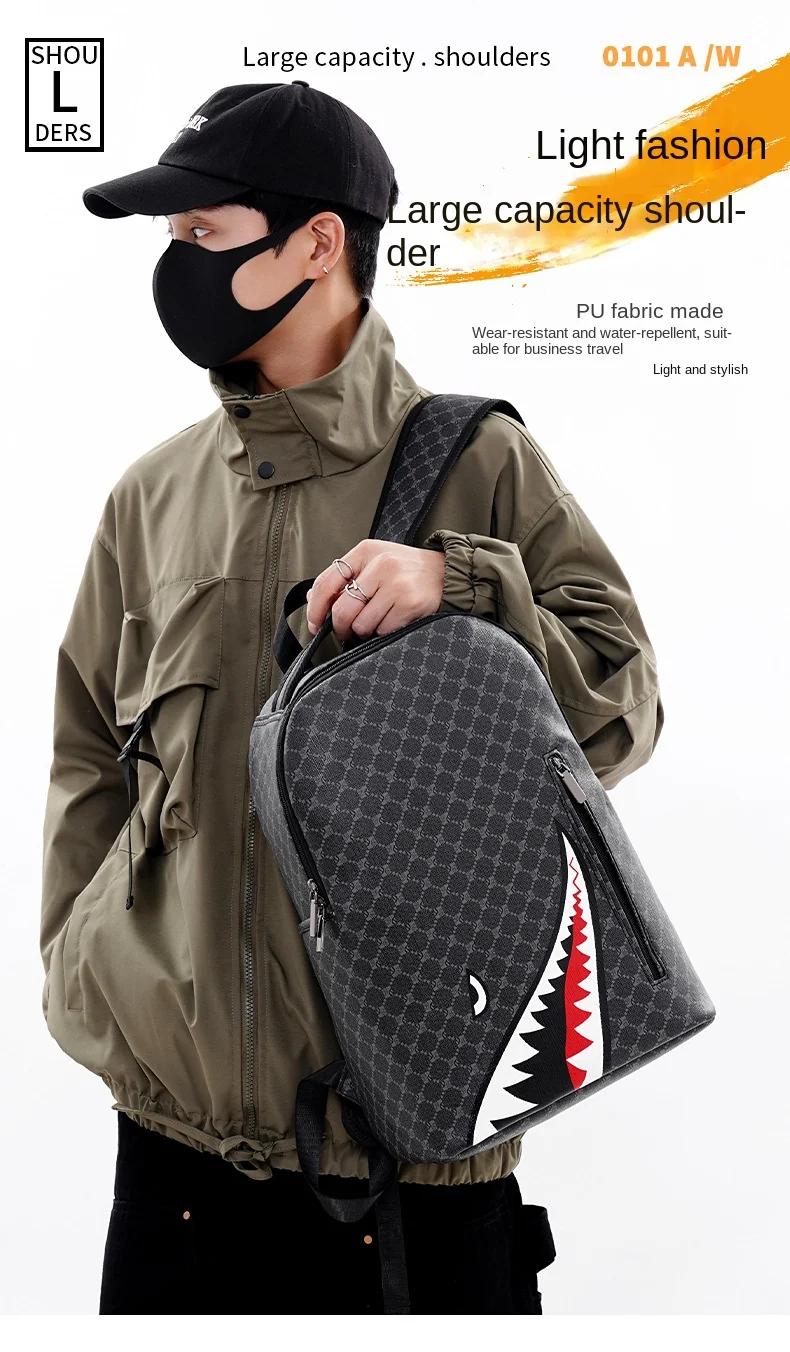 Simple personality fashion shark mouth men's backpack plaid high school student college student school bag computer backpack Simple personality fashion shark mouth men's backpack plaid high school student college student school bag computer backpack