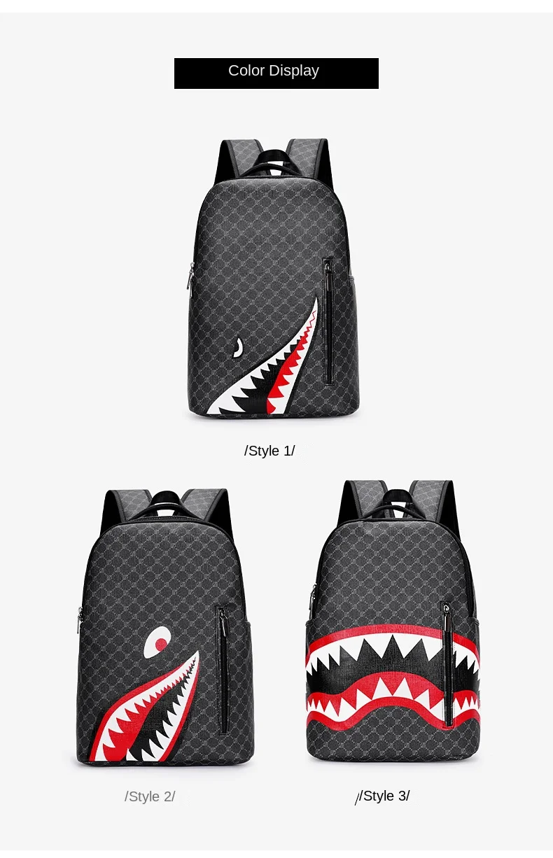 Simple personality fashion shark mouth men's backpack plaid high school student college student school bag computer backpack Simple personality fashion shark mouth men's backpack plaid high school student college student school bag computer backpack
