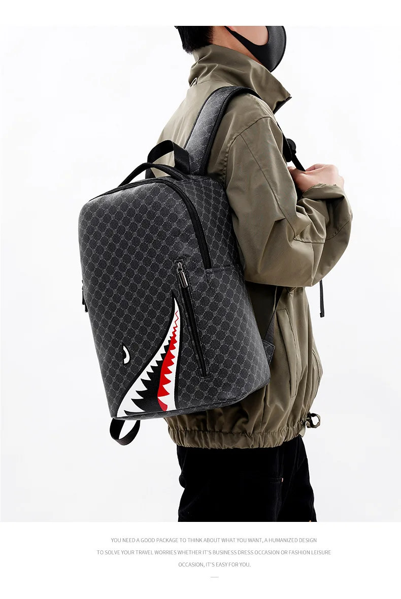Simple personality fashion shark mouth men's backpack plaid high school student college student school bag computer backpack Simple personality fashion shark mouth men's backpack plaid high school student college student school bag computer backpack