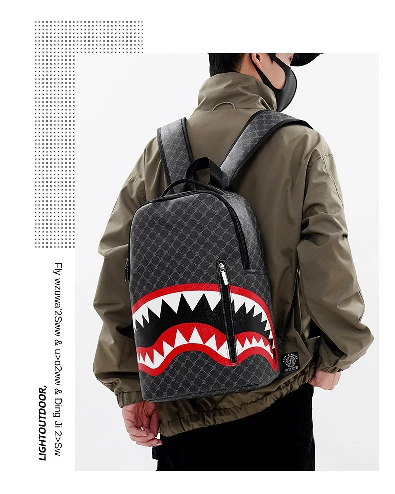 Simple personality fashion shark mouth men's backpack plaid high school student college student school bag computer backpack Simple personality fashion shark mouth men's backpack plaid high school student college student school bag computer backpack