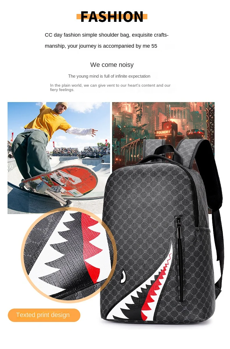 Simple personality fashion shark mouth men's backpack plaid high school student college student school bag computer backpack Simple personality fashion shark mouth men's backpack plaid high school student college student school bag computer backpack