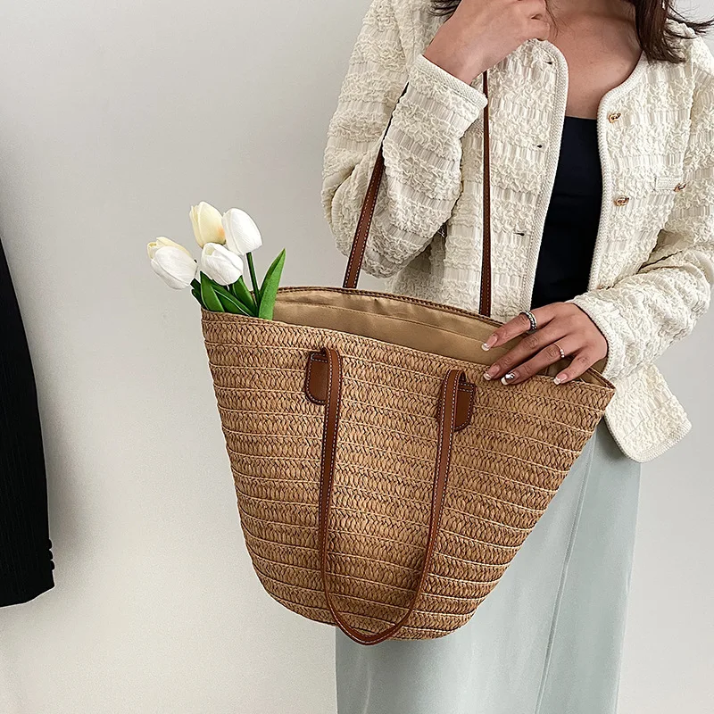 Women's Large Capacity Shoulder Bag Summer Straw Woven Basket Handbag Fashion Female Luxury Designer Beach Bag Bali Shopper Tote Women's Large Capacity Shoulder Bag Summer Straw Woven Basket Handbag Fashion Female Luxury Designer Beach Bag Bali Shopper Tote