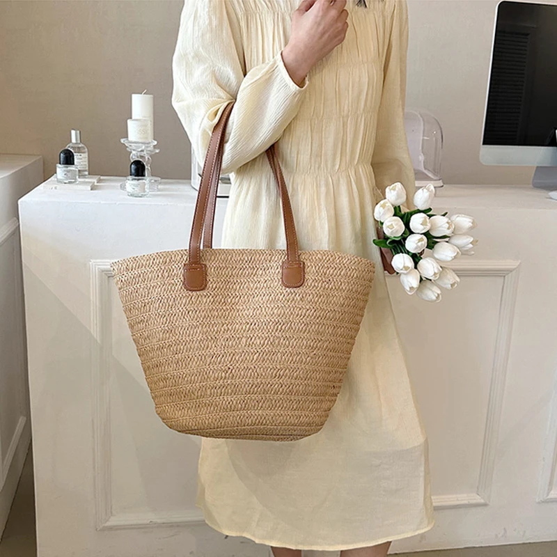 Women's Large Capacity Shoulder Bag Summer Straw Woven Basket Handbag Fashion Female Luxury Designer Beach Bag Bali Shopper Tote Women's Large Capacity Shoulder Bag Summer Straw Woven Basket Handbag Fashion Female Luxury Designer Beach Bag Bali Shopper Tote