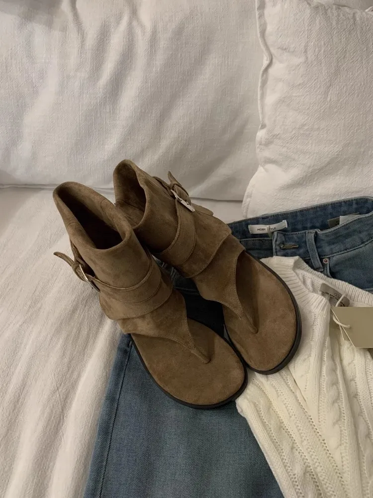 Women Peep Toe Boots2025 Summer New Flip Flops Luxury Vintage Cool Boots Breathable Comfortable Fashion Square Button Sandals Women Peep Toe Boots2025 Summer New Flip Flops Luxury Vintage Cool Boots Breathable Comfortable Fashion Square Button Sandals