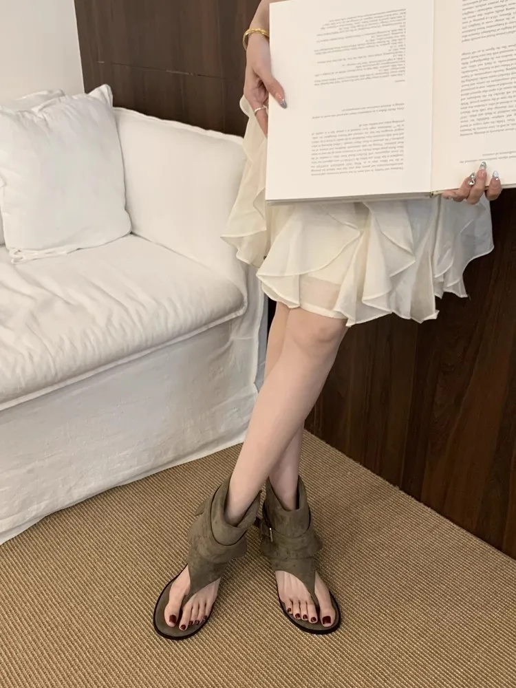 Women Peep Toe Boots2025 Summer New Flip Flops Luxury Vintage Cool Boots Breathable Comfortable Fashion Square Button Sandals Women Peep Toe Boots2025 Summer New Flip Flops Luxury Vintage Cool Boots Breathable Comfortable Fashion Square Button Sandals
