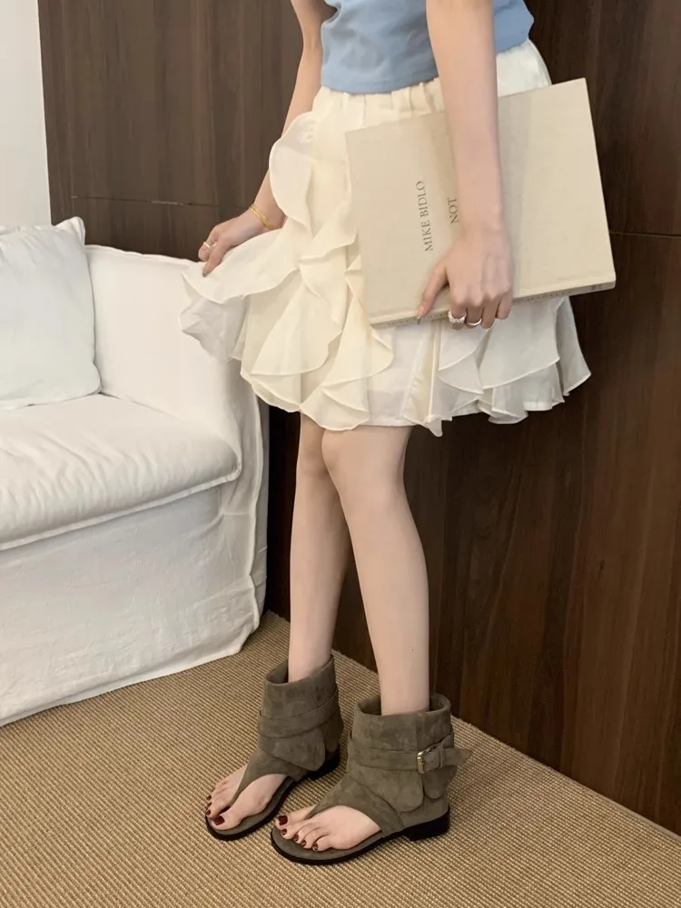 Women Peep Toe Boots2025 Summer New Flip Flops Luxury Vintage Cool Boots Breathable Comfortable Fashion Square Button Sandals Women Peep Toe Boots2025 Summer New Flip Flops Luxury Vintage Cool Boots Breathable Comfortable Fashion Square Button Sandals