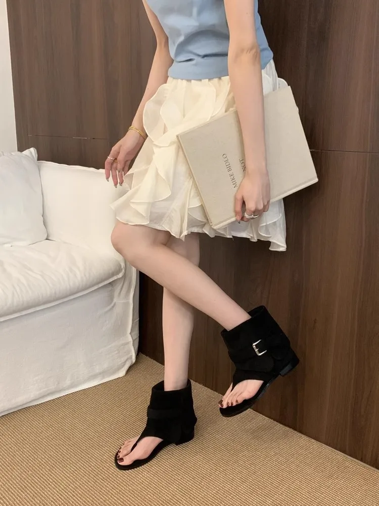 Women Peep Toe Boots2025 Summer New Flip Flops Luxury Vintage Cool Boots Breathable Comfortable Fashion Square Button Sandals Women Peep Toe Boots2025 Summer New Flip Flops Luxury Vintage Cool Boots Breathable Comfortable Fashion Square Button Sandals