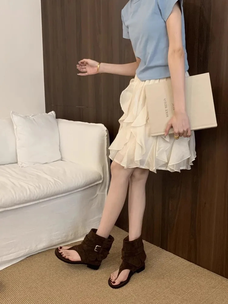 Women Peep Toe Boots2025 Summer New Flip Flops Luxury Vintage Cool Boots Breathable Comfortable Fashion Square Button Sandals Women Peep Toe Boots2025 Summer New Flip Flops Luxury Vintage Cool Boots Breathable Comfortable Fashion Square Button Sandals