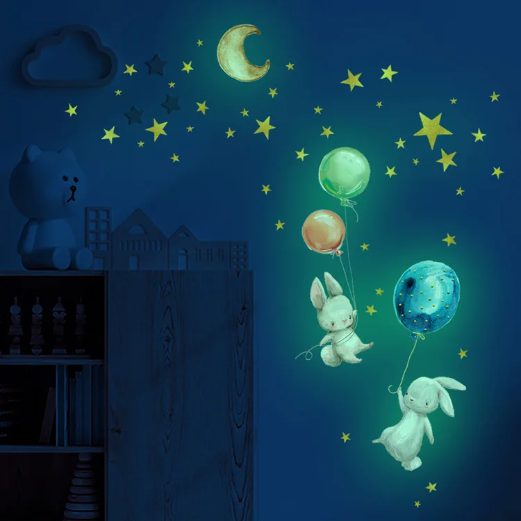 Cartoon Bunny Balloon Wall Sticker Bedroom Living Room Home Decoration Kids Room Wallpaper Glow In The Dark Cute Rabbit Stickers Cartoon Bunny Balloon Wall Sticker Bedroom Living Room Home Decoration Kids Room Wallpaper Glow In The Dark Cute Rabbit Stickers