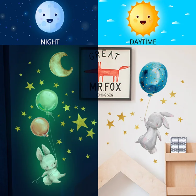 Cartoon Bunny Balloon Wall Sticker Bedroom Living Room Home Decoration Kids Room Wallpaper Glow In The Dark Cute Rabbit Stickers Cartoon Bunny Balloon Wall Sticker Bedroom Living Room Home Decoration Kids Room Wallpaper Glow In The Dark Cute Rabbit Stickers