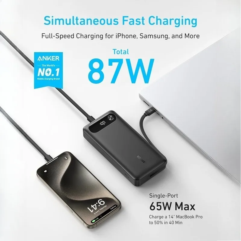 Anker Power Bank 20,000mAh Portable Charger with Built-in USB-C Cable 87W Max Fast Charging Battery Pack 2 USB-C and 1 USB-A Anker Power Bank 20,000mAh Portable Charger with Built-in USB-C Cable 87W Max Fast Charging Battery Pack 2 USB-C and 1 USB-A