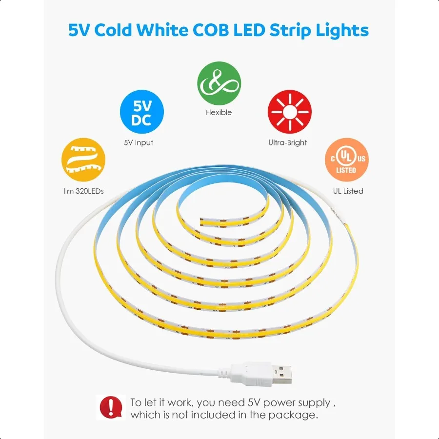 USB Led Light Strip COB Led Strip Lights 5V Daylight Cold White 6000K 3.28FT 320Leds Flexible TV Led Lights USB Powered 1M for USB Led Light Strip COB Led Strip Lights 5V Daylight Cold White 6000K 3.28FT 320Leds Flexible TV Led Lights USB Powered 1M for