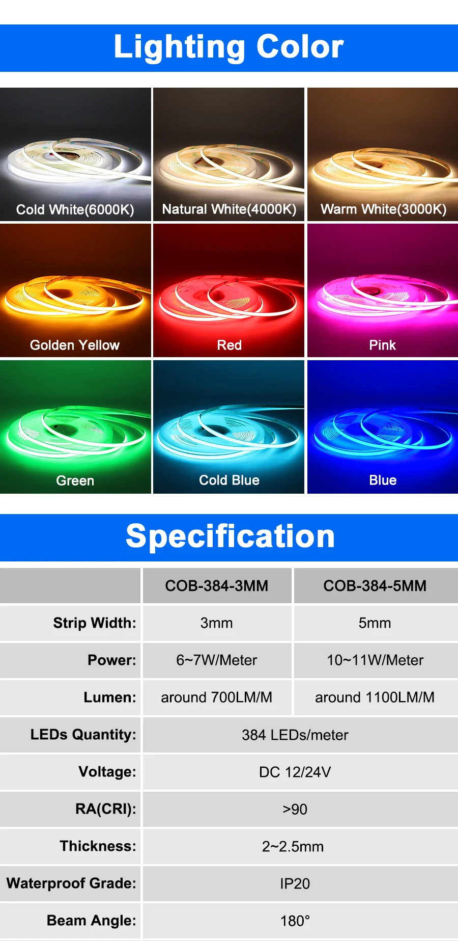 FOB COB LED Strip 12V 24V DC RA90 Flexible High Bright Tape LED 3mm 5mm 8mm 10mm Light Bar Ice Blue White Red Green Pink Yellow FOB COB LED Strip 12V 24V DC RA90 Flexible High Bright Tape LED 3mm 5mm 8mm 10mm Light Bar Ice Blue White Red Green Pink Yellow
